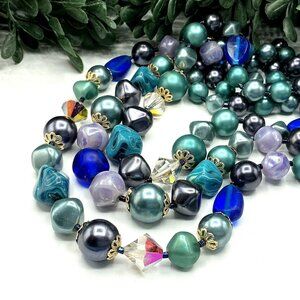 Vintage Multi-Strand Beaded Necklace Featuring Faux Pearls Blue and Teal Tones W